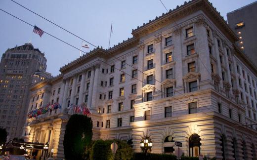 Trolley car lines are a common sight in San Francisco, including outside The Fairmont Hotel in the Nob Hill district.