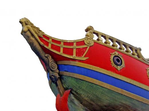 The prow is on the front of a boat, above the waterline.