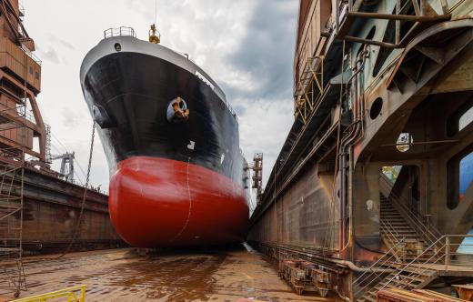 A dry-dock is filled with water when a ship is ready to be floated out of it.